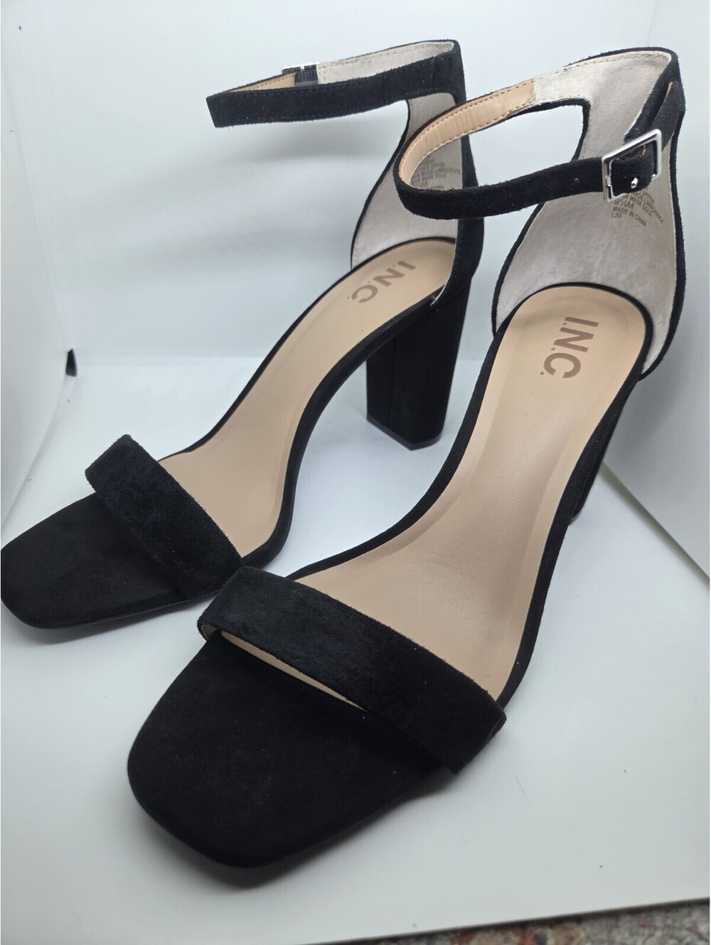 INC International Concepts Black Suede Ankle Strap Block Heel Sandals 9.5 M